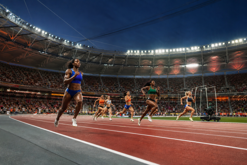 Atletas disputam prova de atletismo diante de arquibancadas lotadas no Ultimate Championship 2026, em Budapeste